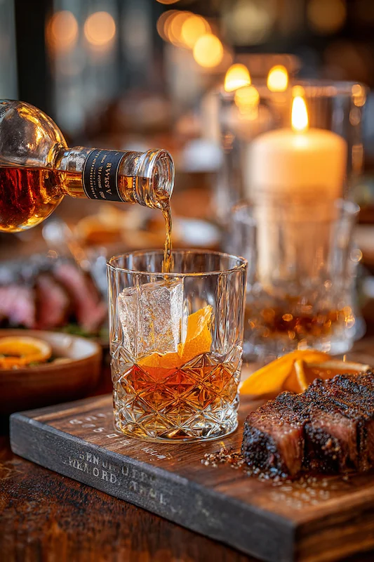25 Wedding BBQ Buffet Ideas That Instantly Upgrade Your Reception 21 Bourbon poured into vintage glass over smoked ice and charred orange beside sliced brisket, candlelit wedding BBQ pairing