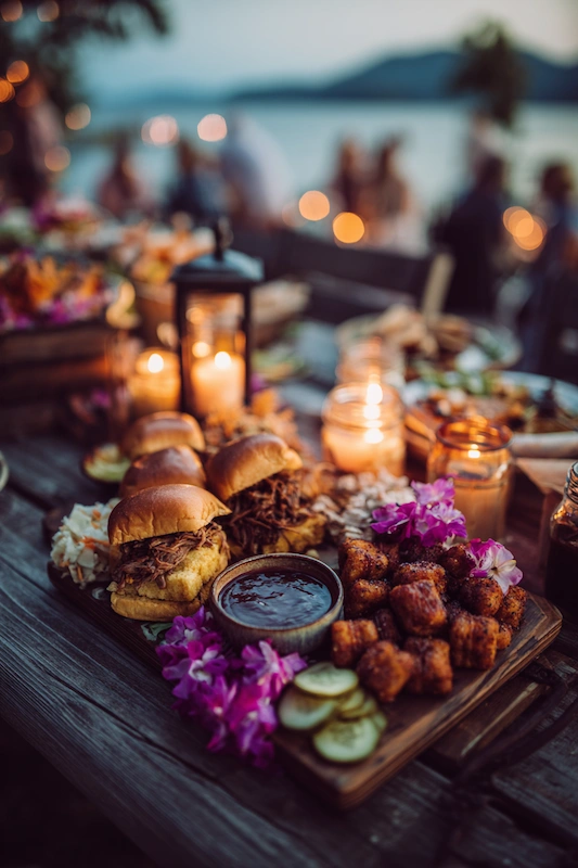 25 Wedding BBQ Buffet Ideas That Instantly Upgrade Your Reception 20 BBQ spread by the lake with sliders, sauce, pickles, and purple florals on wooden boards, candles glowing at dusk