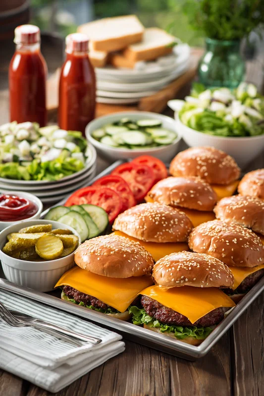 25 Wedding BBQ Buffet Ideas That Instantly Upgrade Your Reception 6 Grilled burgers with cheddar cheese, sesame buns, pickles, tomatoes, salad, and ketchup bottles for a DIY burger station