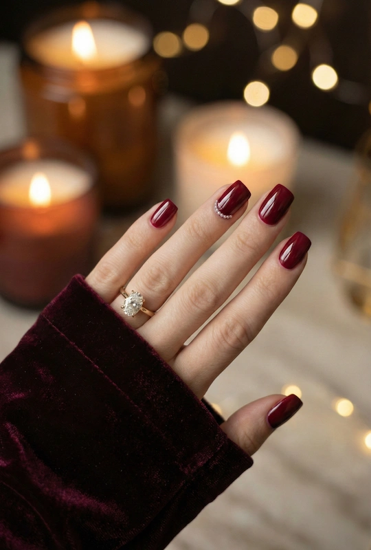 Beyond the Almond: The 2026 Engagement Nail Trends Defining "Intentional Glamour" 15 Deep Merlot wedding nails with a diamond engagement ring in candlelit romantic setting