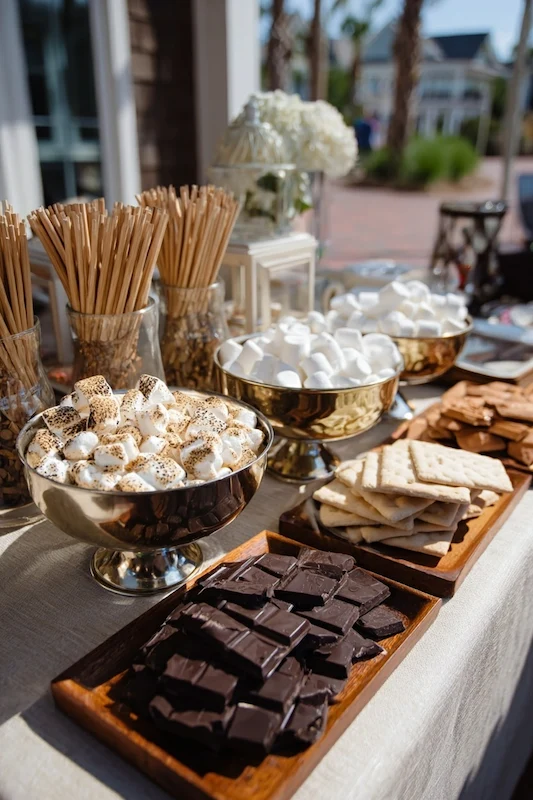 25 Wedding BBQ Buffet Ideas That Instantly Upgrade Your Reception 17 Elegant outdoor s’mores bar with graham crackers, dark chocolate, marshmallows, and skewers on silver bowls and wooden trays
