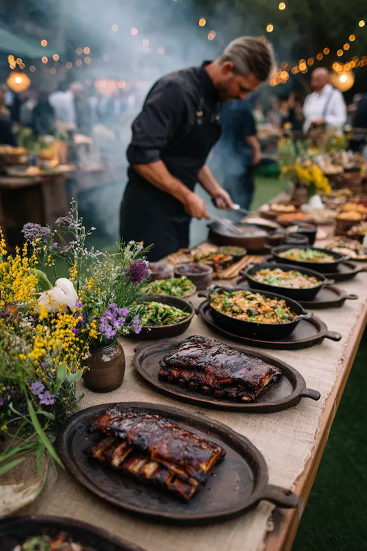 25 Wedding BBQ Buffet Ideas That Instantly Upgrade Your Reception 16 Chef grilling BBQ ribs at elegant outdoor wedding buffet, smoke rising, rustic wooden table with floral accents and glowing lights