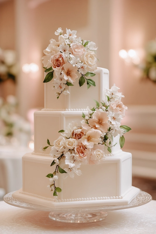 Hexagon tiers Wedding Cake Elegant three-tier hexagon wedding cake adorned with cascading blush and ivory sugar flowers and greenery, displayed in a softly lit reception setting