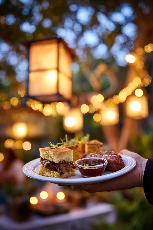 25 Wedding BBQ Buffet Ideas That Instantly Upgrade Your Reception 19 Guest holds a plate of late night BBQ bites sliders sausage cornbread and sauce with lanterns and string lights glowing