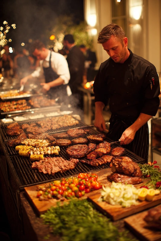 25 Wedding BBQ Buffet Ideas That Instantly Upgrade Your Reception 9 A live grill station at night with chefs grilling steaks, skewers, and corn, surrounded by fresh vegetables and garnishes.