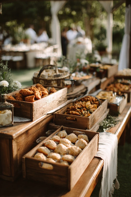 25 Wedding BBQ Buffet Ideas That Instantly Upgrade Your Reception 10 A rustic buffet display featuring wooden crates filled with assorted baked goods, biscuits, and fried treats, surrounded by fresh herbs and flowers