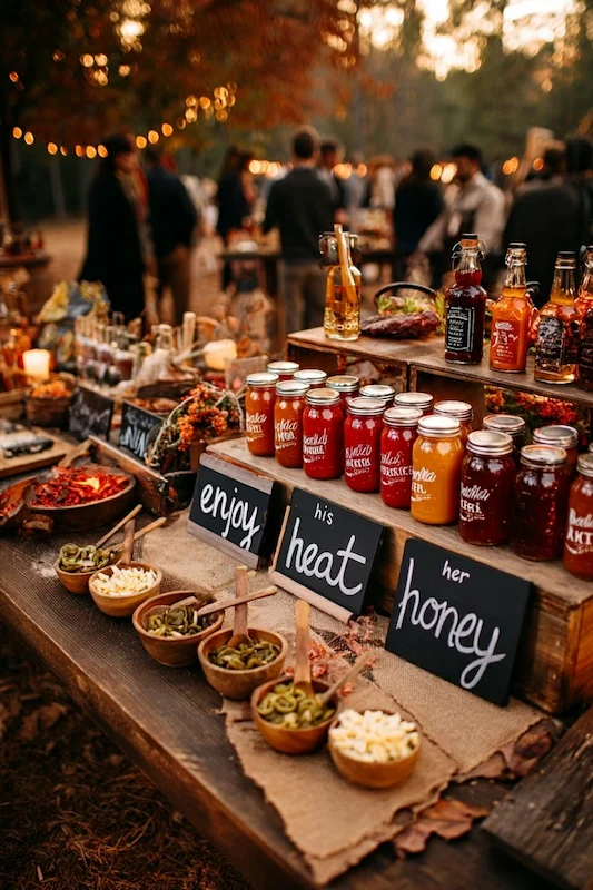 25 Wedding BBQ Buffet Ideas That Instantly Upgrade Your Reception 11 Rustic wedding sauce bar with mason jars of sauces, chalkboard signs his heat her honey, and small bowls of toppings on wood