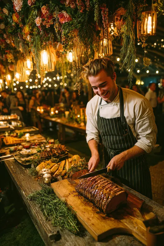 25 Wedding BBQ Buffet Ideas That Instantly Upgrade Your Reception 15 Chef carving smoked meat at elegant wedding carving station with warm ambient lighting, rustic wooden table, and hanging greenery