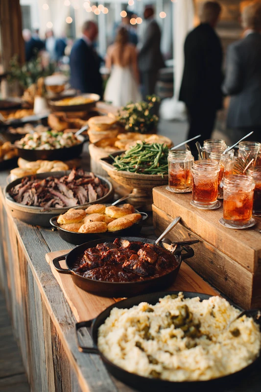 25 Wedding BBQ Buffet Ideas That Instantly Upgrade Your Reception 2 A rustic BBQ spread with brisket, cornbread, mashed potatoes, green beans, and iced tea in mason jars, set outdoors
