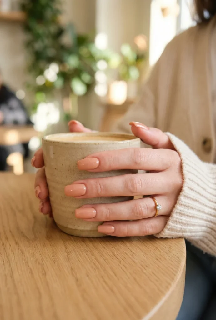 Beyond the Almond: The 2026 Engagement Nail Trends Defining "Intentional Glamour" 5 Soft nude Squoval Bridal nails holding ceramic coffee cup with delicate diamond engagement ring in cozy café light