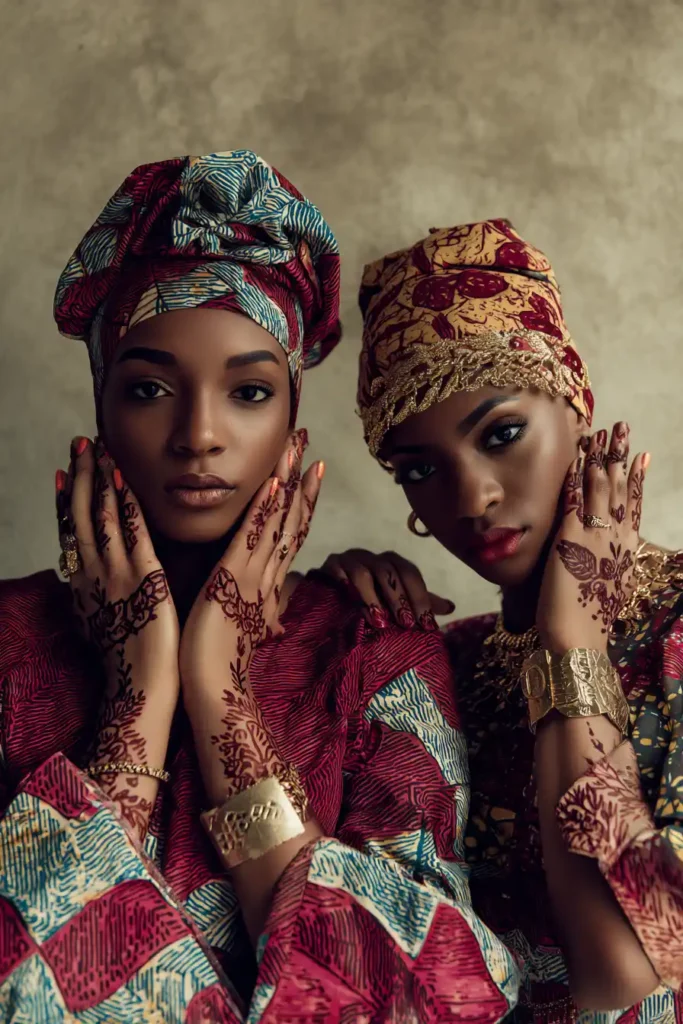 Two women wearing vibrant traditional African headwraps and patterned outfits, displaying intricate henna designs on their hands and wrists, posing elegantly together