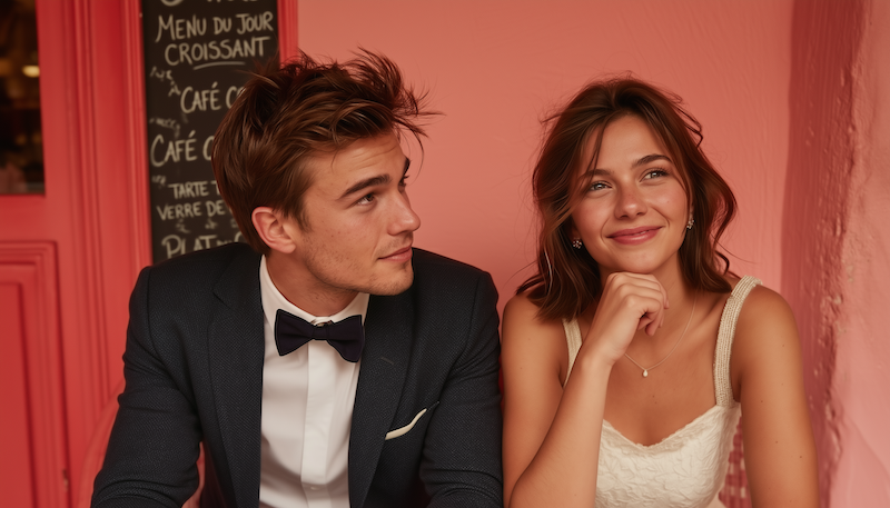 Young couple seated at a café table, groom in a tuxedo looking at a smiling bride in a white dress against a blush pink wall