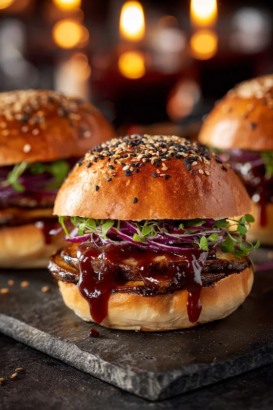 25 Wedding BBQ Buffet Ideas That Instantly Upgrade Your Reception 22 BBQ portobello mushroom sliders on sesame brioche with red onion, microgreens, glossy sauce, styled on slate for a chic wedding buffet