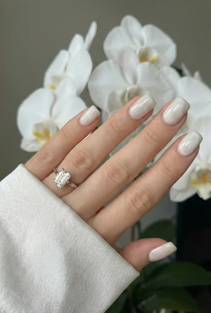 Beyond the Almond: The 2026 Engagement Nail Trends Defining "Intentional Glamour" 13 Hand with white onyx fingernails manicure wearing an emerald cut diamond engagement ring in front of white orchids