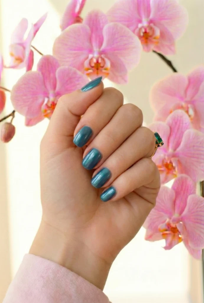 Beyond the Almond: The 2026 Engagement Nail Trends Defining "Intentional Glamour" 17 Hand with glossy Alexandrite Teal metallic manicure holding a pink orchid branch, soft floral background and green gemstone ring