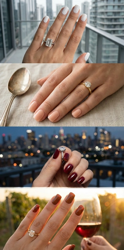Beyond the Almond: The 2026 Engagement Nail Trends Defining "Intentional Glamour" 21 Bridal nail color collage with white, peachy nude, deep merlot, and warm brown manicures shown with engagement rings