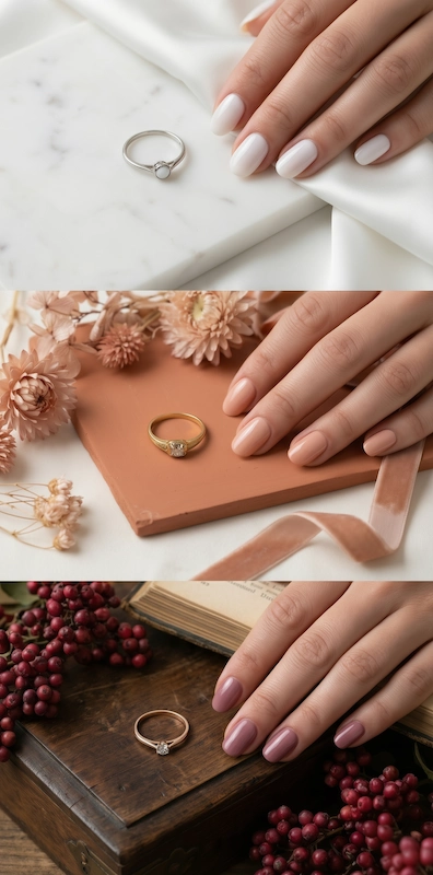 Beyond the Almond: The 2026 Engagement Nail Trends Defining "Intentional Glamour" 18 collage of Bridal nail colors in white, peachy nude, and mauve are shown with engagement rings on marble, blush, and rustic wood backgrounds
