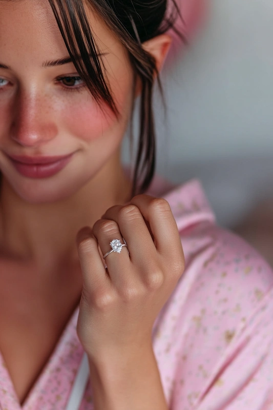 Close up of a bride in a pink robe holding her hand near her face to show a sparkling oval diamond engagement ring.