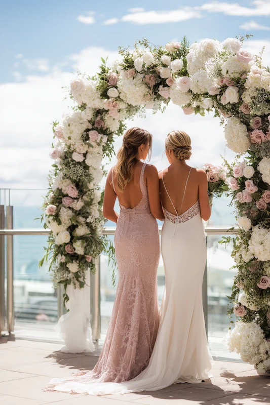 Maid Of Honor Duties: Your No Stress Game Plan 13 Bride and maid of honor standing under a lush floral arch overlooking the water, both wearing elegant backless gowns as they share a quiet moment together.