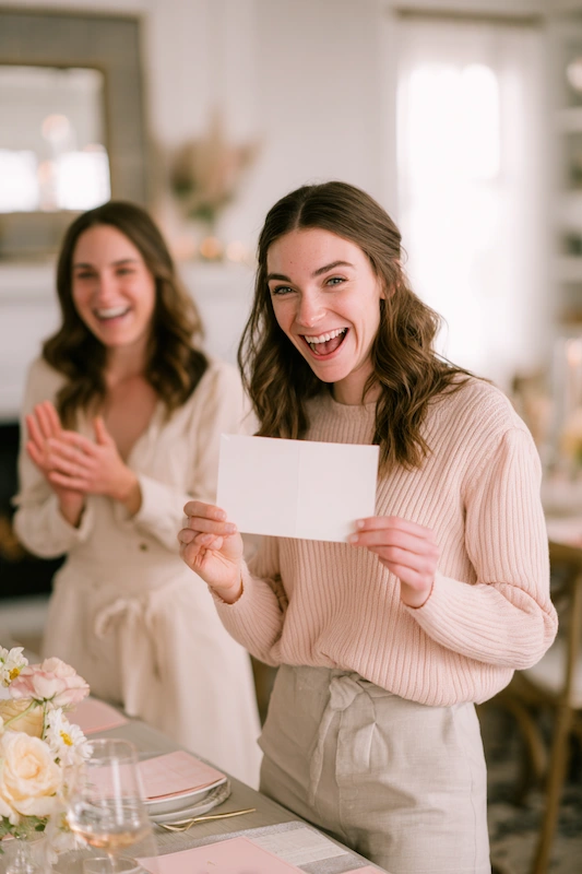 Maid Of Honor Duties: Your No Stress Game Plan 3 Woman smiling brightly while holding up a blank card at a beautifully set table, with another woman clapping in the background during a joyful wedding-related moment.