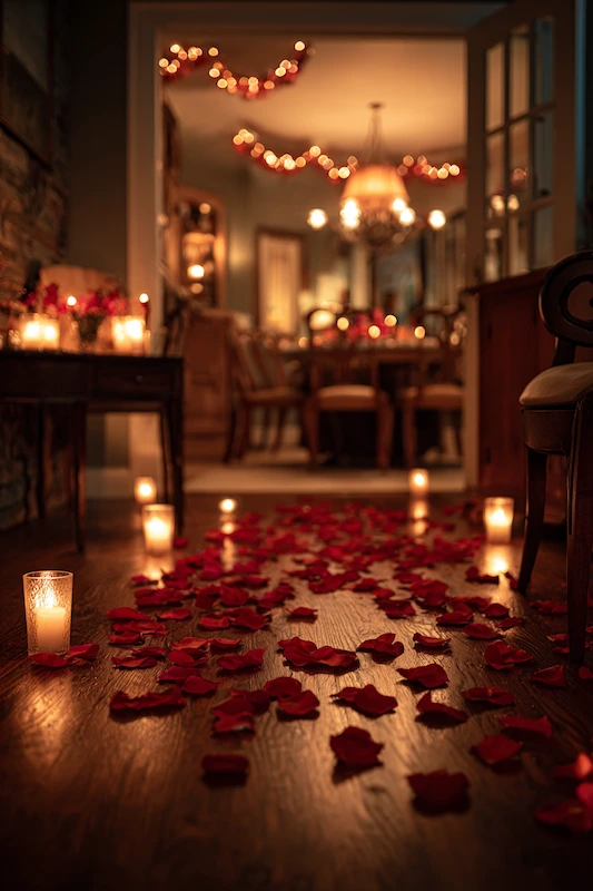 Candlelit hallway lined with glowing votives and red rose petals leading into a warmly lit dining room set for a romantic proposal.