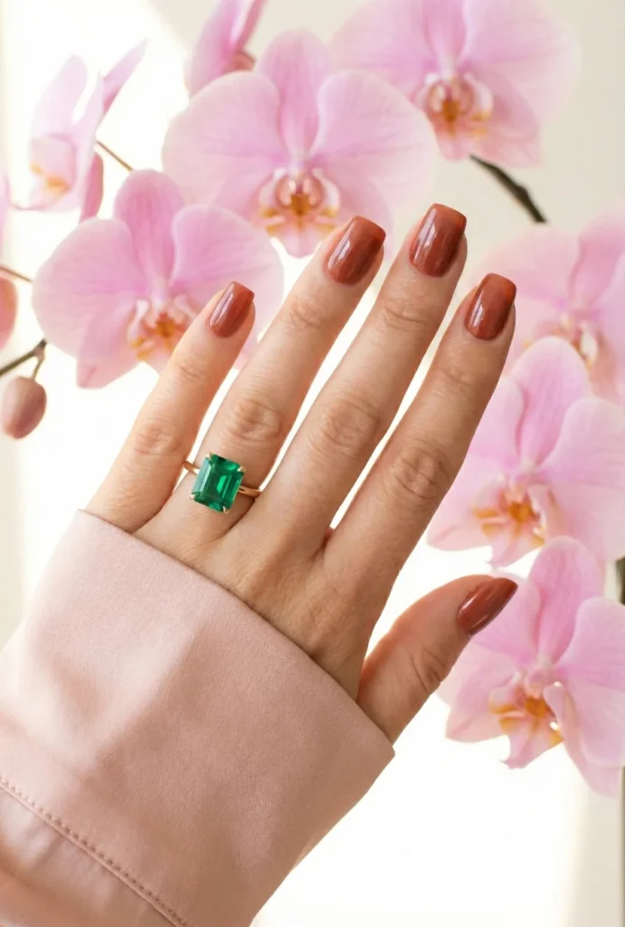 Beyond the Almond: The 2026 Engagement Nail Trends Defining "Intentional Glamour" 16 Hand with glossy warm mahogany manicure wearing an emerald cut green engagement ring in front of soft pink orchids