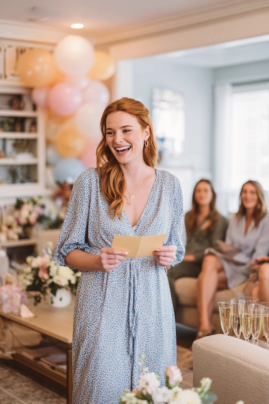 Maid Of Honor Duties: Your No Stress Game Plan 6 Woman smiling while holding note cards during a joyful gathering, with pastel balloons, floral décor, and seated guests in the background.