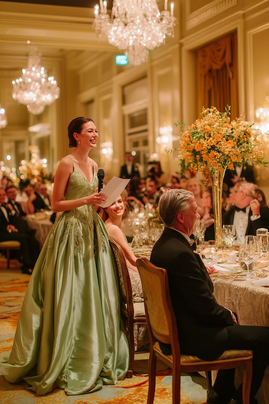 Maid Of Honor Duties: Your No Stress Game Plan 12 Maid of honor in an elegant sage green gown giving a joyful speech with a microphone at a formal wedding reception, surrounded by seated guests, chandeliers, and tall yellow floral centerpieces.