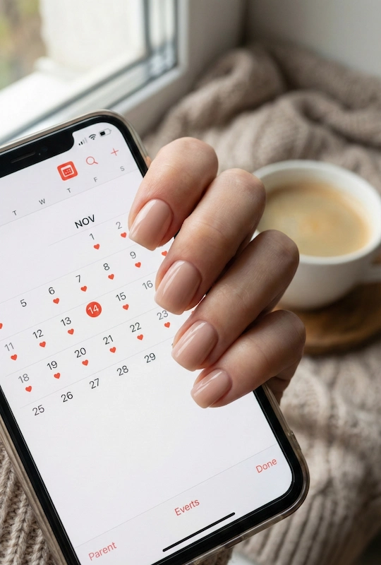 Beyond the Almond: The 2026 Engagement Nail Trends Defining "Intentional Glamour" 20 Short natural nude bridal nails holding a phone with November wedding date marked on calendar beside a cozy coffee cup