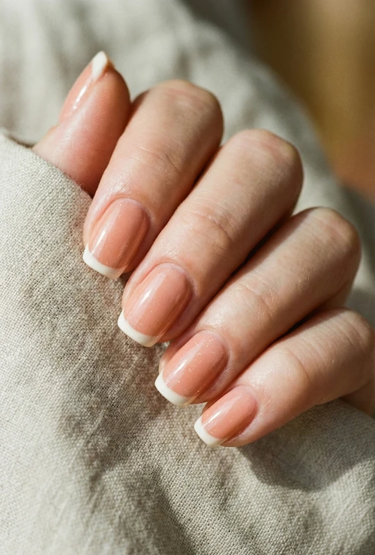 Beyond the Almond: The 2026 Engagement Nail Trends Defining "Intentional Glamour" 19 Short natural bridal nails with sheer peachy nude polish and classic French tips resting on soft linen fabric in warm natural light