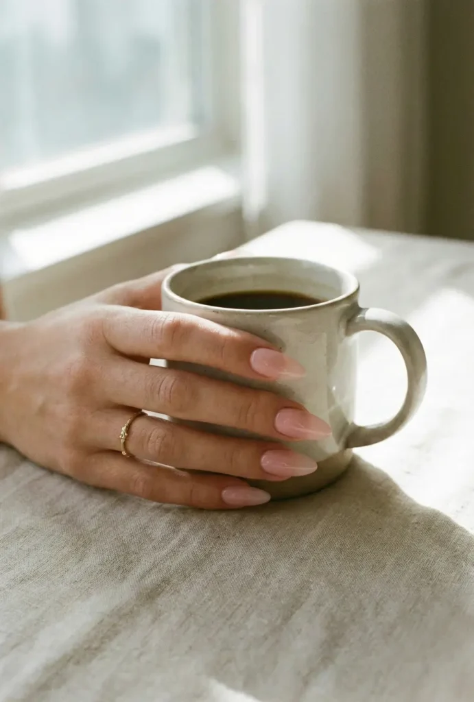 Beyond the Almond: The 2026 Engagement Nail Trends Defining "Intentional Glamour" 4 Soft pink almond nails holding ceramic coffee mug in natural morning window light