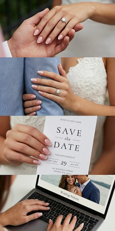 Beyond the Almond: The 2026 Engagement Nail Trends Defining "Intentional Glamour" 3 collage of Bride showing soft pink natural nails with engagement ring, holding save the date card and typing on wedding website laptop