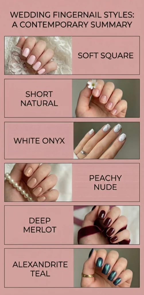 Beyond the Almond: The 2026 Engagement Nail Trends Defining "Intentional Glamour" 2 Wedding fingernail styles chart showing Engagement Nail Trends like soft square, short natural, white onyx, peachy nude, deep merlot, and teal nails