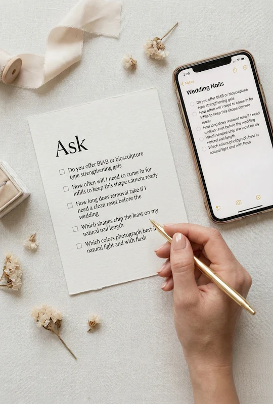 Beyond the Almond: The 2026 Engagement Nail Trends Defining "Intentional Glamour" 12 Bride hand writing wedding nail questions on checklist beside phone notes, ribbon, dried flowers, and gold pen on soft neutral flat lay