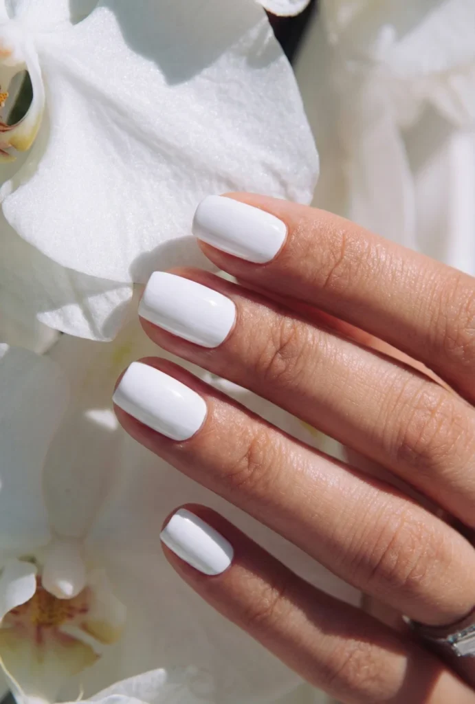 Beyond the Almond: The 2026 Engagement Nail Trends Defining "Intentional Glamour" 1 White square manicure on natural nails against soft white orchid petals in bright natural light