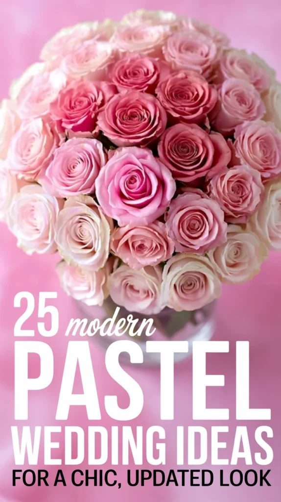 25 Pastel Wedding Theme Ideas That Look Modern and Fresh 26 Pink and blush rose bridal bouquet on pastel background with text overlay reading 25 modern pastel wedding ideas for a chic look