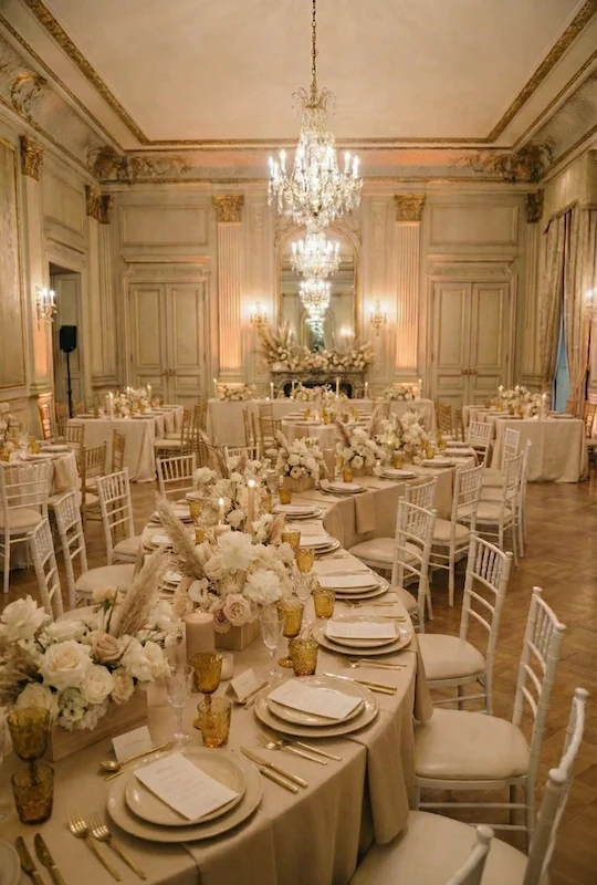 Modern Wedding Reception Decor Trends Couples Are Choosing in 2026 3 Luxurious ballroom wedding reception with curved tables, ivory floral centerpieces, gold accents, and crystal chandeliers