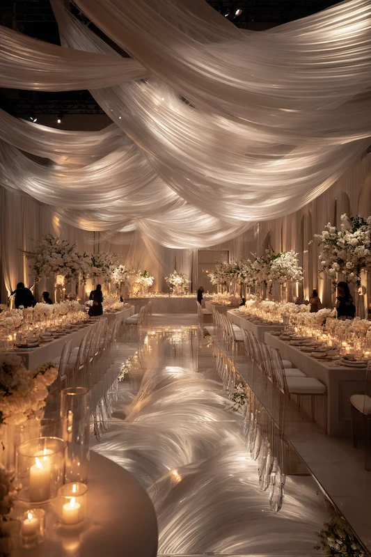 Modern Wedding Reception Decor Trends Couples Are Choosing in 2026 4 Dramatic luxury wedding reception with flowing draped ceiling, mirrored aisle, white florals, and candlelit long tables
