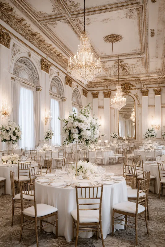 Old Money Wedding Aesthetic: Your Complete Style Guide 15 Luxury ballroom wedding reception with crystal chandeliers gold chairs round tables and tall white floral centerpieces