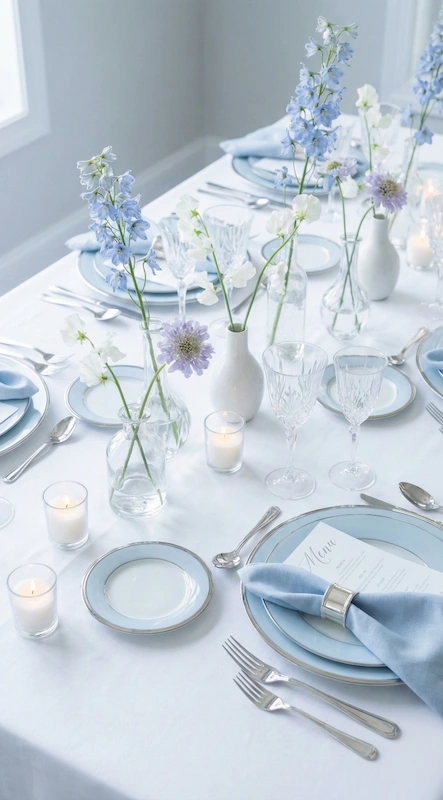 25 Pastel Wedding Theme Ideas That Look Modern and Fresh 20 Minimal wedding table with pale blue place settings, single stem florals in vases, soft candlelight, and airy white linens