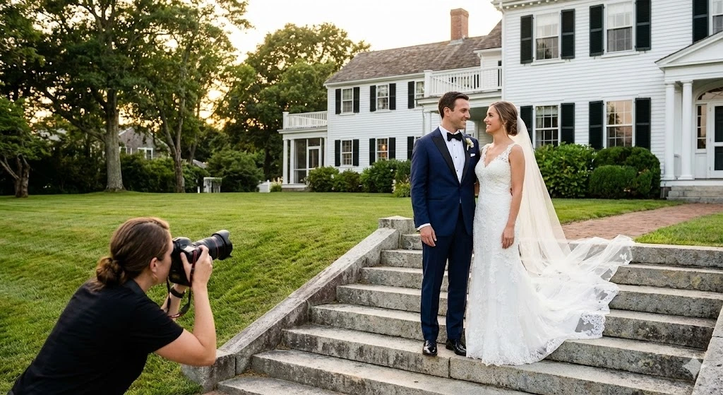 Wedding photographer capturing bride and groom on stone steps in front of a classic white estate at golden hour