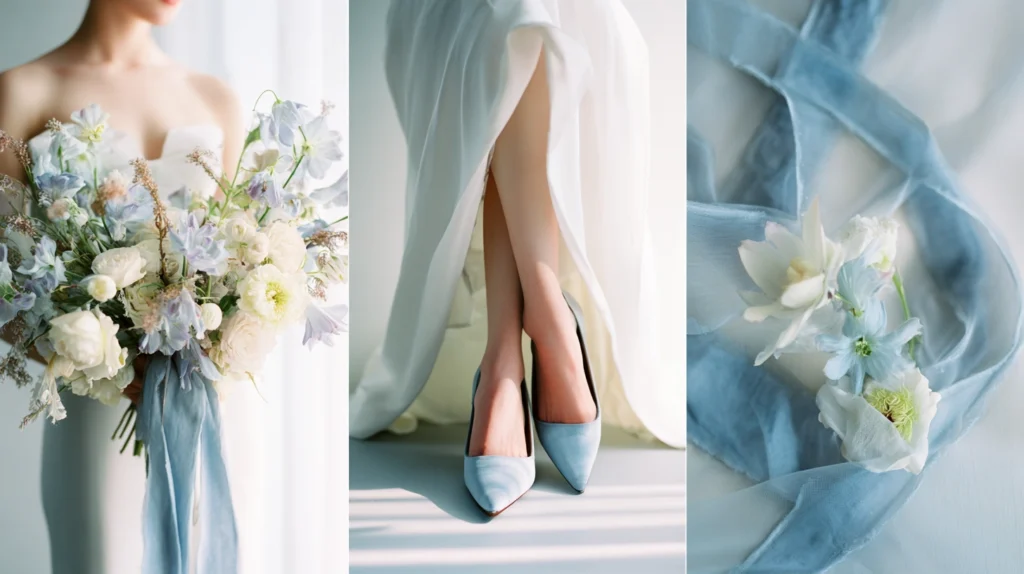 Pastel wedding details featuring bride with soft blue bouquet pale blue heels flowing gown and airy florals in natural light