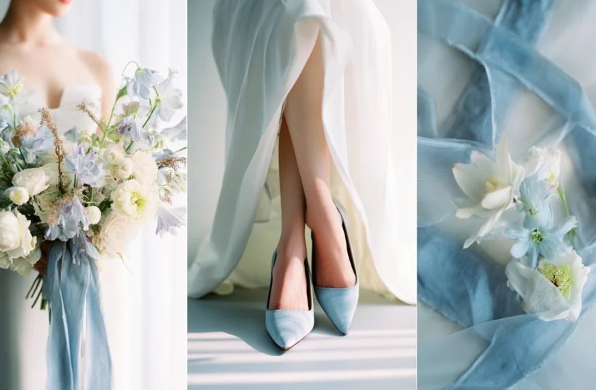 Wedding Decor 15 Pastel wedding details featuring bride with soft blue bouquet pale blue heels flowing gown and airy florals in natural light