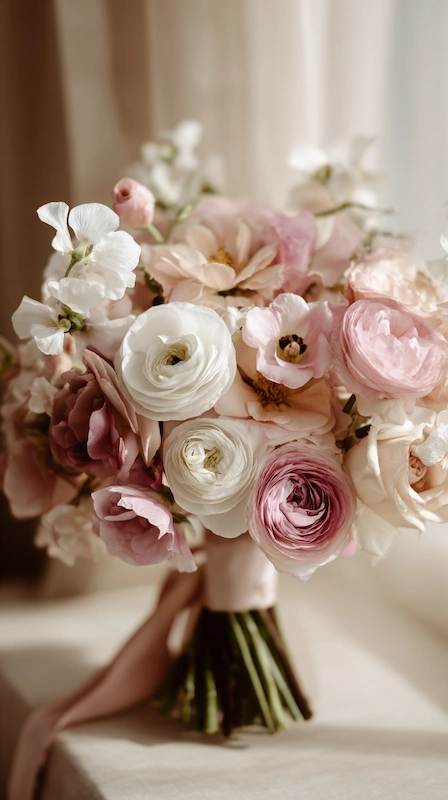 25 Pastel Wedding Theme Ideas That Look Modern and Fresh 18 Romantic pastel wedding bouquet with blush and ivory blooms, layered textures, soft ribbon wrap, and natural light