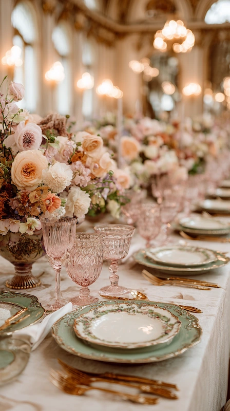 25 Pastel Wedding Theme Ideas That Look Modern and Fresh 12 Opulent wedding reception table with blush floral centerpieces, vintage china, crystal stemware, gold flatware, chandeliers