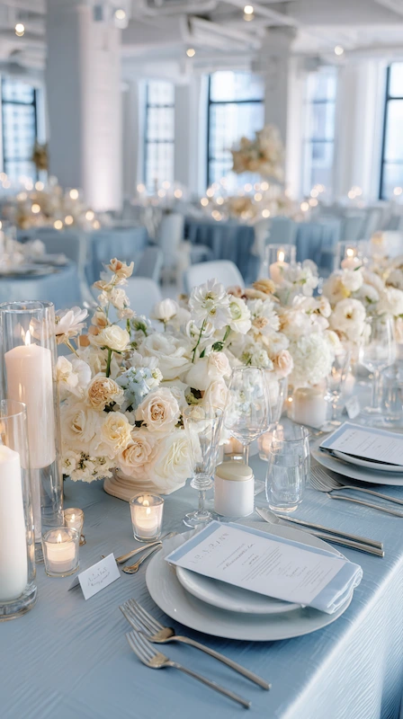 25 Pastel Wedding Theme Ideas That Look Modern and Fresh 10 Elegant wedding reception table with powder blue linens, white floral centerpieces, candles, and refined place settings