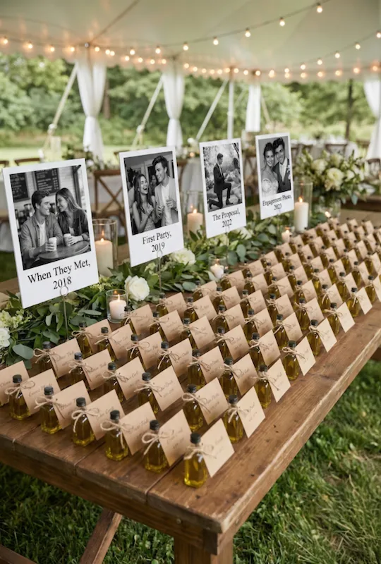 Modern Wedding Reception Decor Trends Couples Are Choosing in 2026 5 Rustic wedding escort card table with olive oil favors, greenery, candles, and photos showcasing the couple’s love story timeline