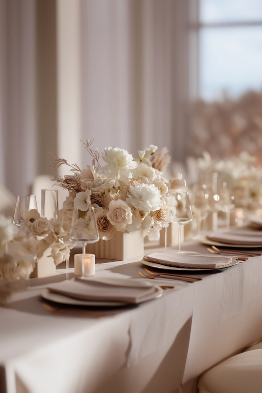 Modern Wedding Reception Decor Trends Couples Are Choosing in 2026 2 Elegant wedding reception table in soft ivory tones with lush neutral floral centerpieces, candles, and modern place settings