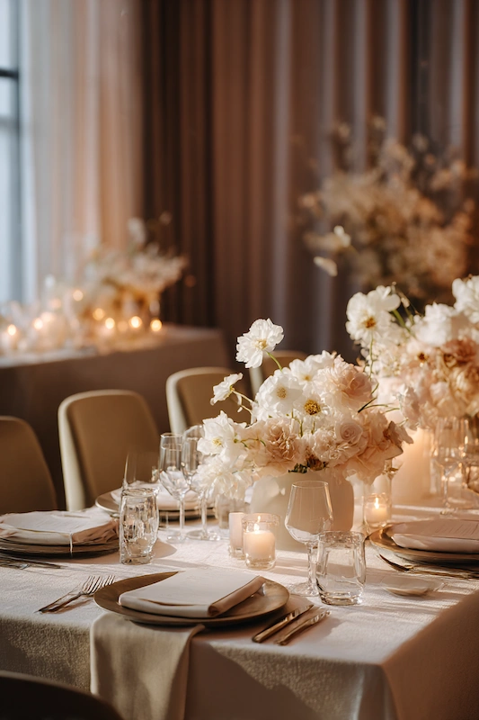Modern Wedding Reception Decor Trends Couples Are Choosing in 2026 8 Soft luxury wedding table with white floral centerpieces, candles, neutral linens, and elegant place settings in warm light