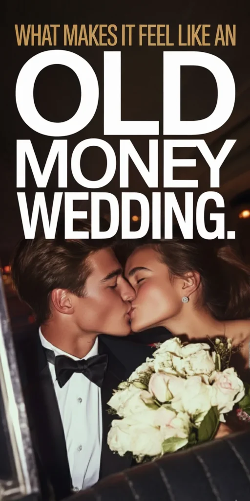 Old Money Wedding Aesthetic: Your Complete Style Guide 1 Elegant bride and groom kissing in a vintage car, classic tuxedo and bouquet, Old Money wedding style typography overlay